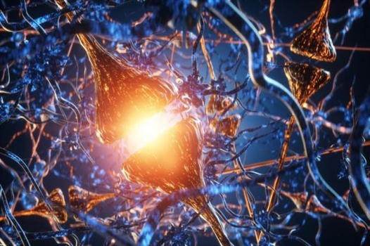 Una rete di neuroni molto fitta , in primo piano c'è una sinapsi neuronale