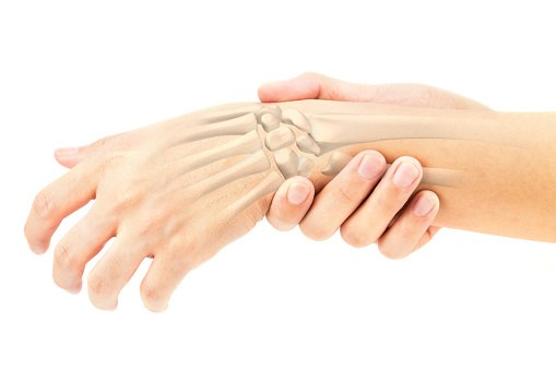 Due mani, una regge il polso dell'altra. Inoltre si possono vedere anche le ossa della mano e dell'avambraccio